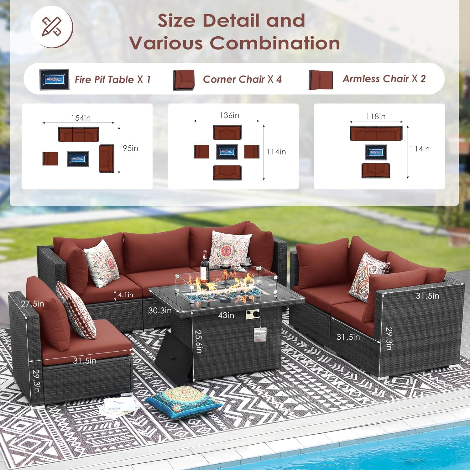 RADIATA 7 Piece Wicker Patio Furniture Set with Fire Pit, All-Weather Outdoor Sectional Couch High Back Large Size, Modular Backyard Seating Sofa Set with Propane/Natural Gas Firepit Table, Grey&Red