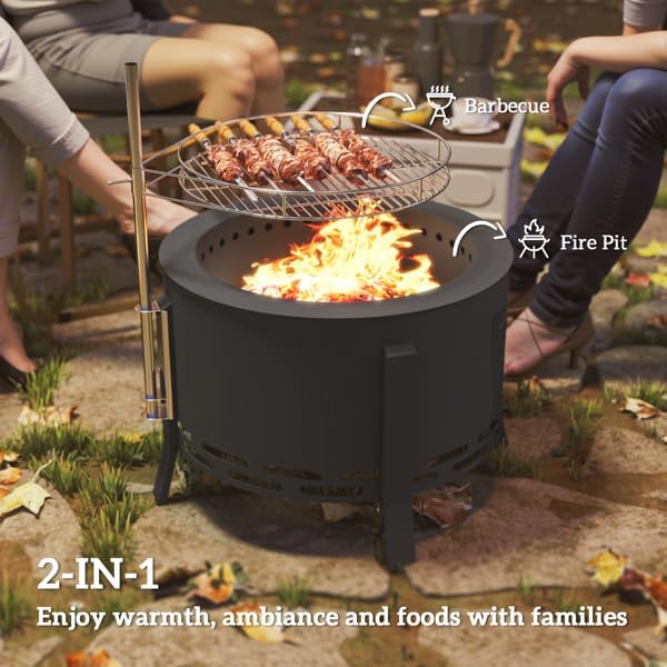 2-in-1 Fire Pit Table with Grill Grate, Outdoor Steel Fire Pit BBQ Combo with Poker & Ash Catcher, Black Firepit for Patio Backyard Camping