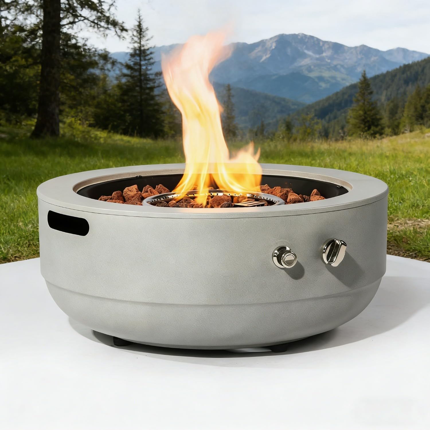 Modern Propane Fire Pit, 50,000 BTU Grey Steel Outdoor Firepit Bowl with Lid & Lava Rocks, Portable Gas Smoke-Free Firepit for Patio, Backyard, Balcony