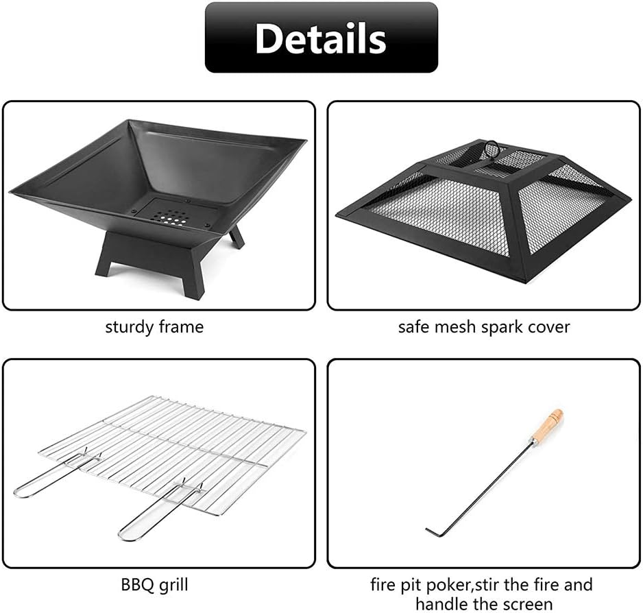 Fire Pit Portable Outdoor Fire Pits, Wood Burning Bonfire BBQ Firepit, with Spark Screen Fireplace Poker Firebowl