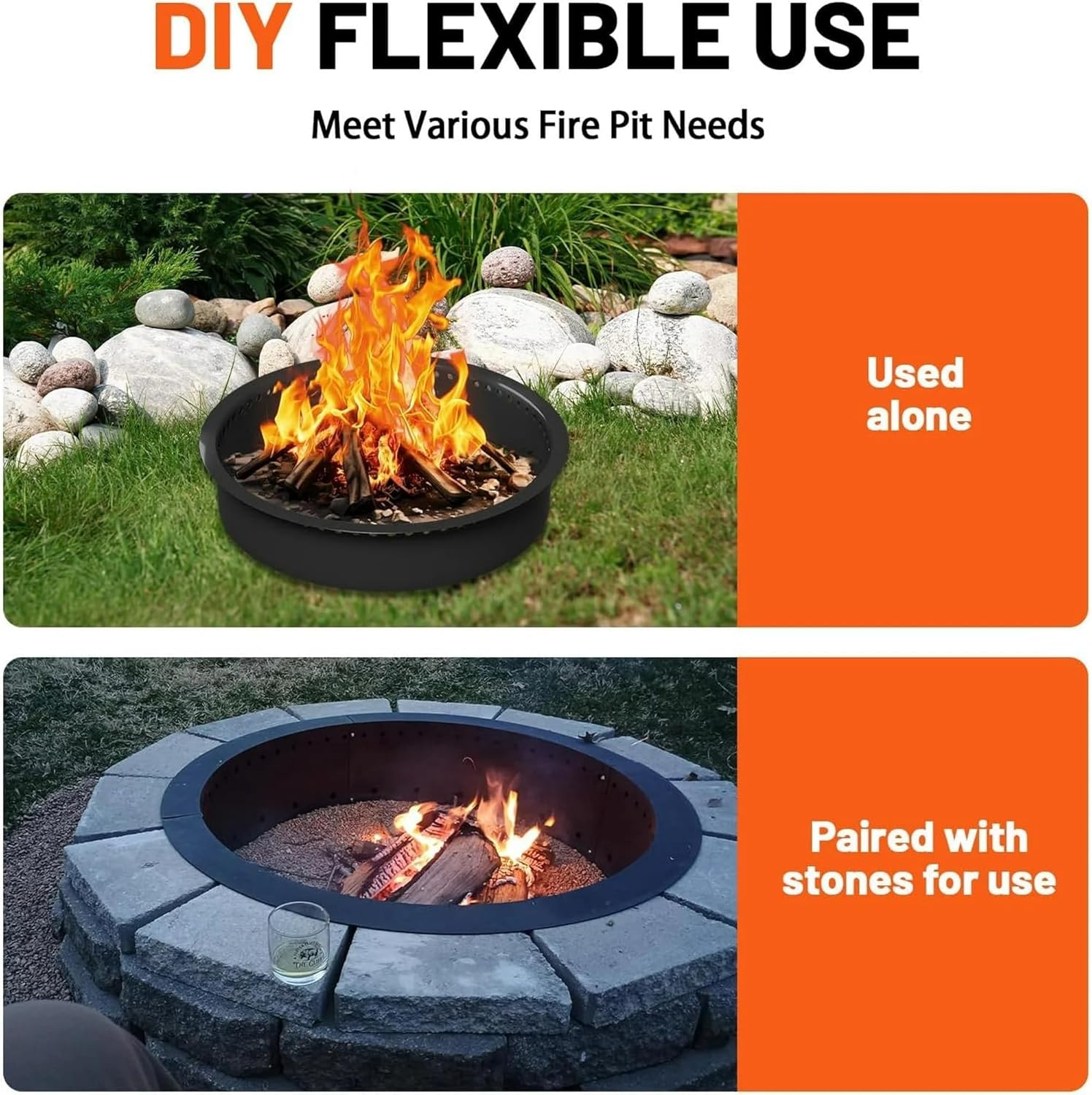 48 Inch Smokeless Fire Pit, Made of Carbon Steel, Outdoor Round Garden Fire Pit with Ventilation Holes, DIY Campfire Ring, Suitable for Burning Firewood