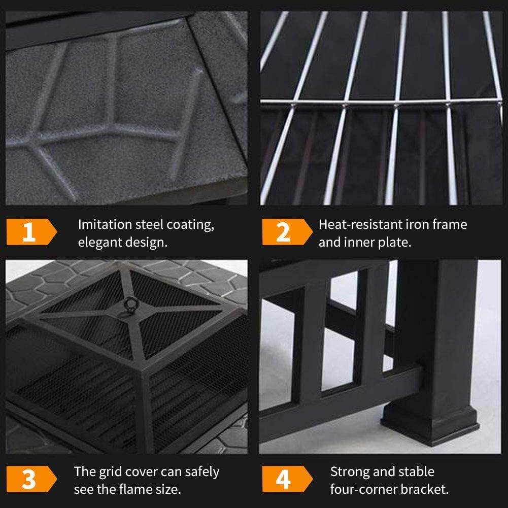 3-in-1 Outdoor Fire Pit with BBQ Grill and Ice Bucket, Square Metal Patio Heater with Decorative Base