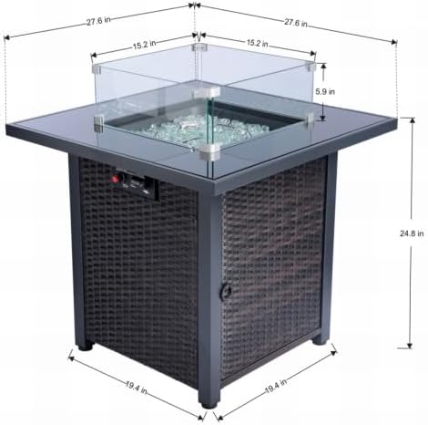 28'' Propane Fire Pit Table, Rattan & Wicker-Look, 50000 BTU Gas Firepits Tempered Glass Tabletop for Outside Patio and Garden,Yard(Brown)