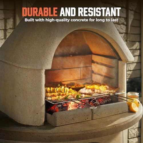 Concrete Outdoor Fireplace with Grill, Wood Burning Fireplace with Wood Storage and Chimney, Include Grill Rack & Charcoal Pan, 79.9”H
