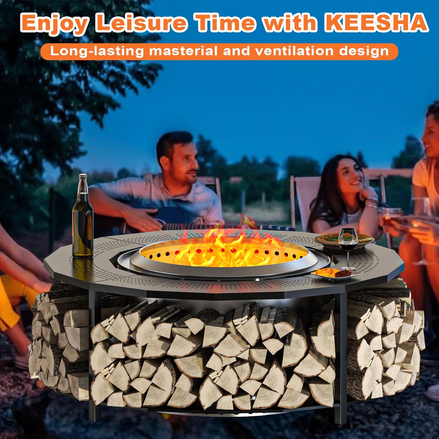 48'' Fire Pit Surround Tabletop with Cover for Solo Stove Bonfire Yukon and Tiki, Surround Table with Firewood Storage Shelf Expands Large Space