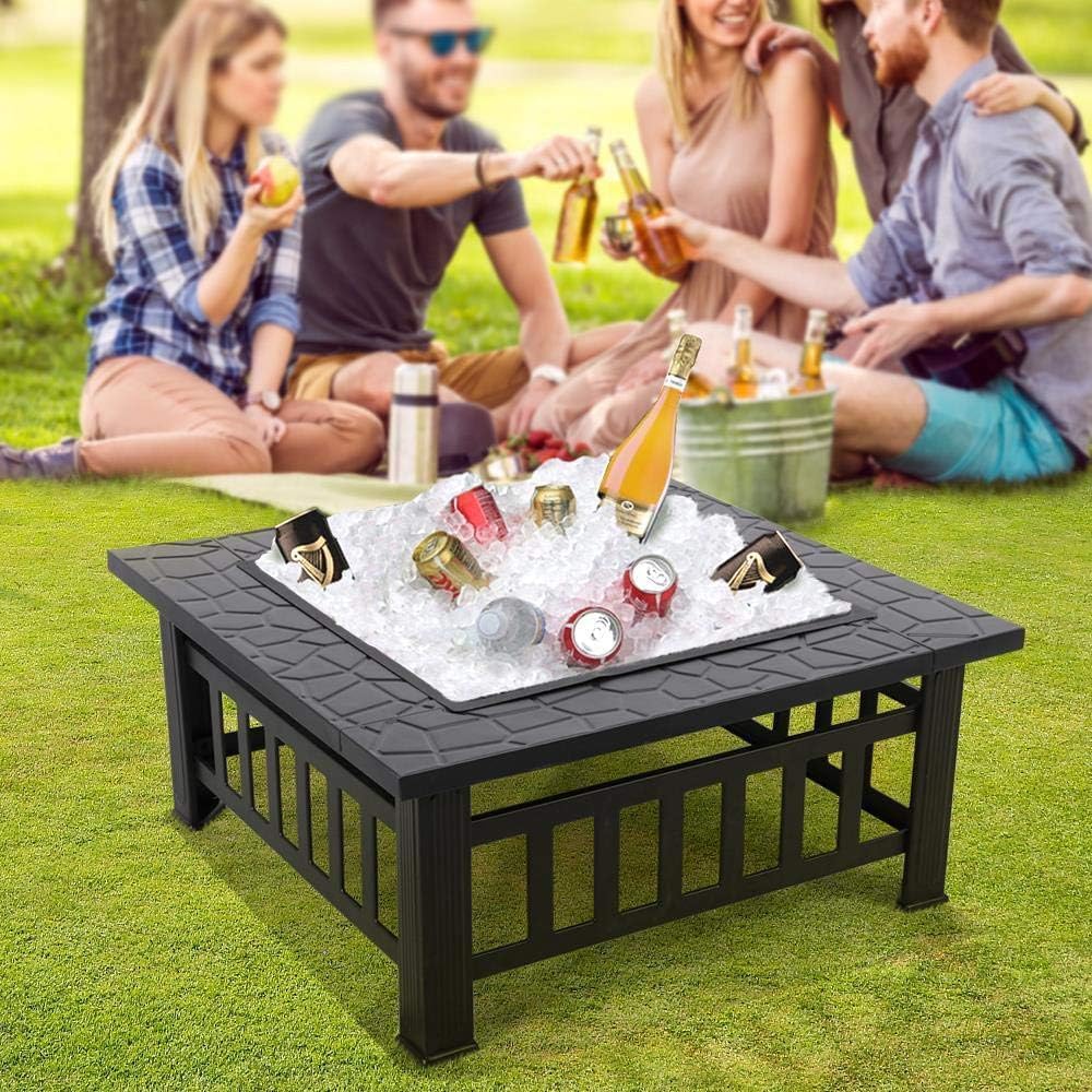 Multifunctional Fire Pit Table 32in Square Metal Firepit Stove Backyard Patio Garden Fireplace for Camping, Outdoor Heating, Bonfire and Picnic (Black)
