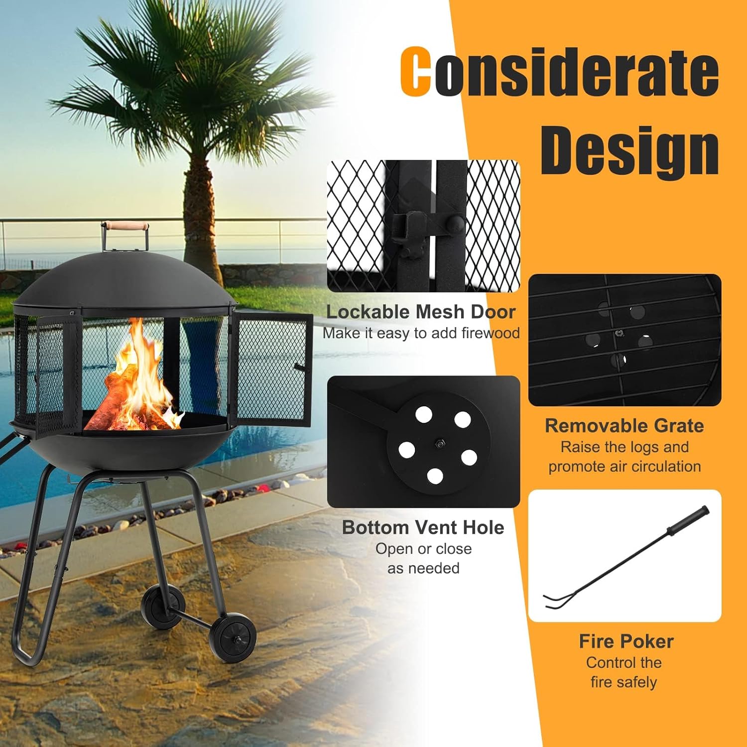 HAPPYGRILL 28” Outdoor Fire Pit, Rolling Patio Wood Burning Firepit with Lockable Doors, Fire Poker, Pine Wood Handle & Wheels, Heavy Duty Fire Pit for BBQ Entertaining Camping