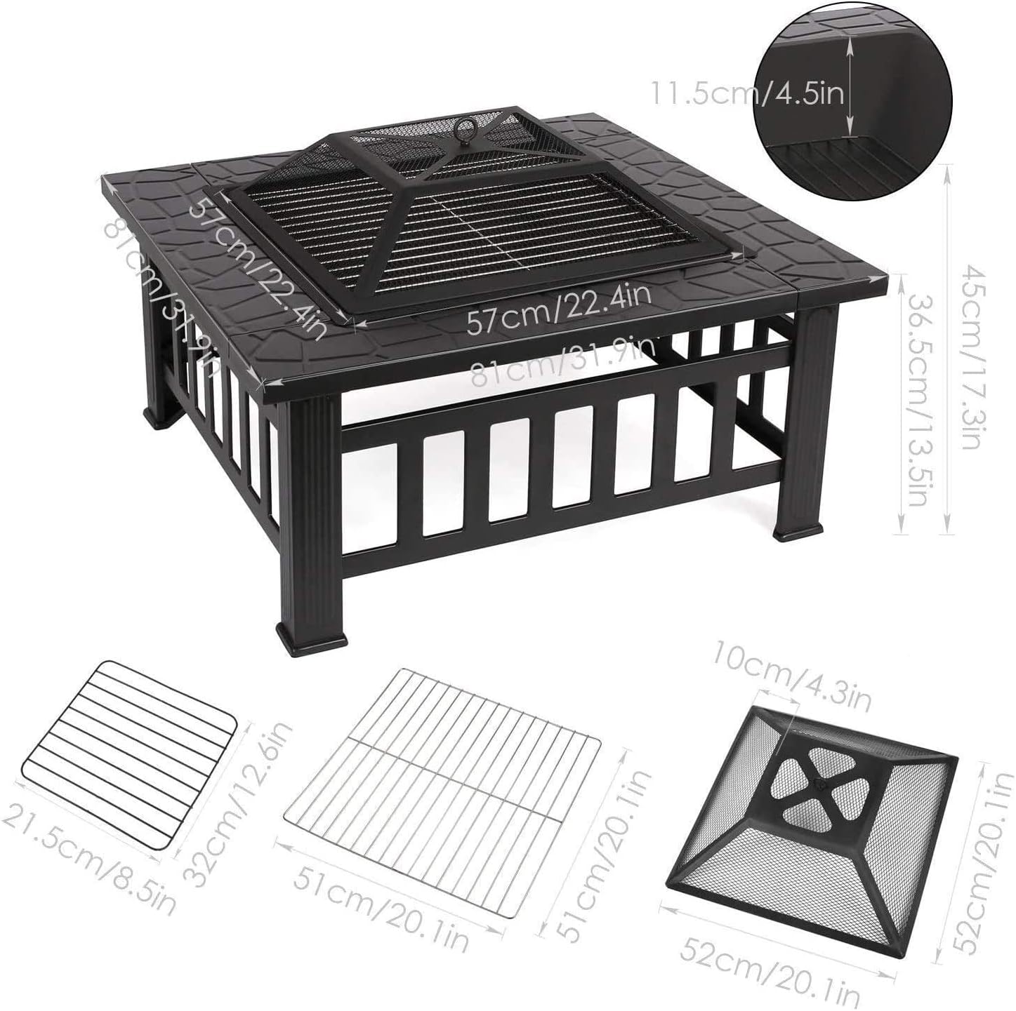 3 in 1 Outdoor Brazier Large Fire Pit Outdoor Metal Brazier Square Table with Waterproof Cover BBQ Grill Shelf Suitable for Camping Bonfire Patio Backyard