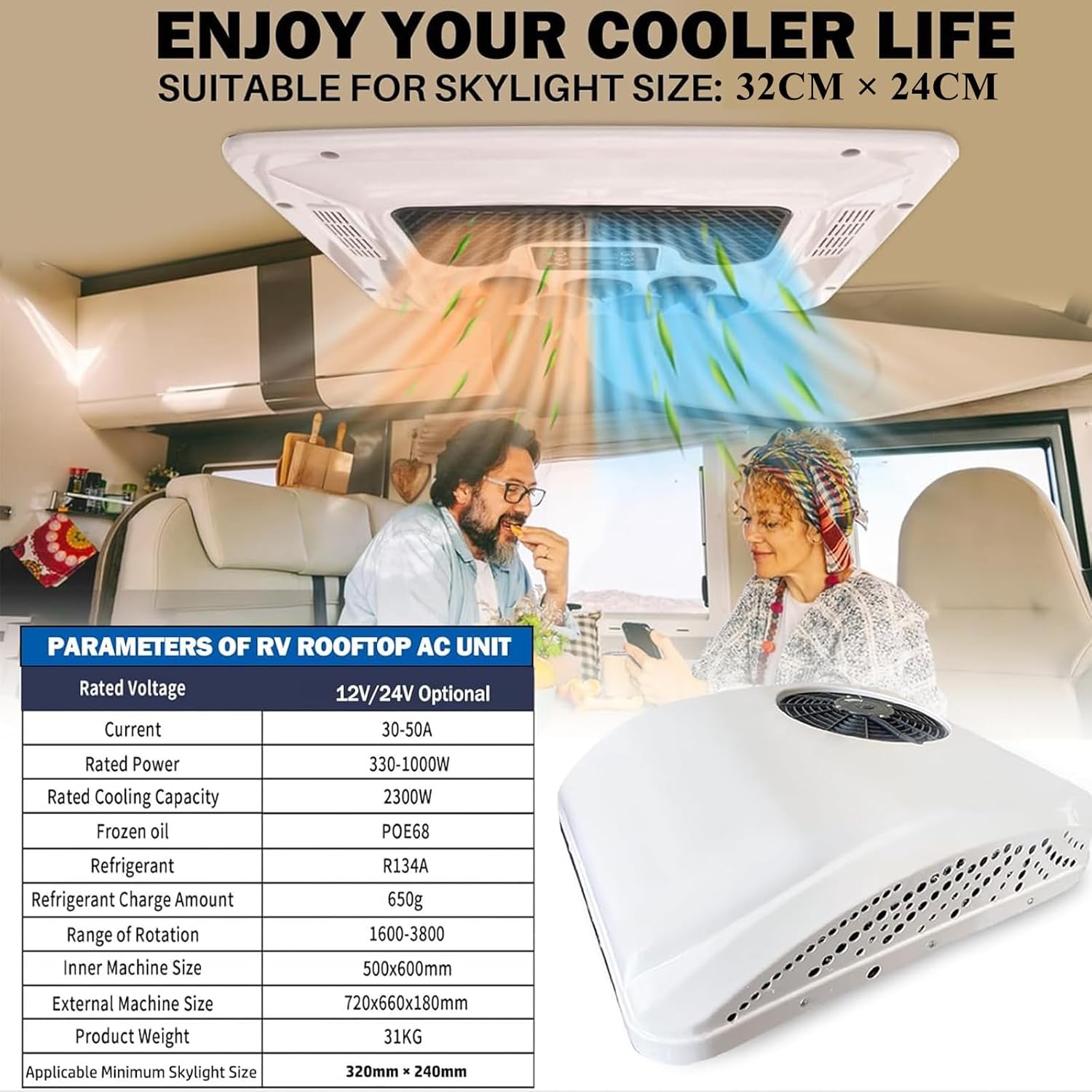 Low-Noise 12V Van AC Unit Roof RV Air Conditioner Heater Combo, 12 Volt Rooftop A/C Unit, Heating & Cooling for Camper, Truck, Trailer, Boat