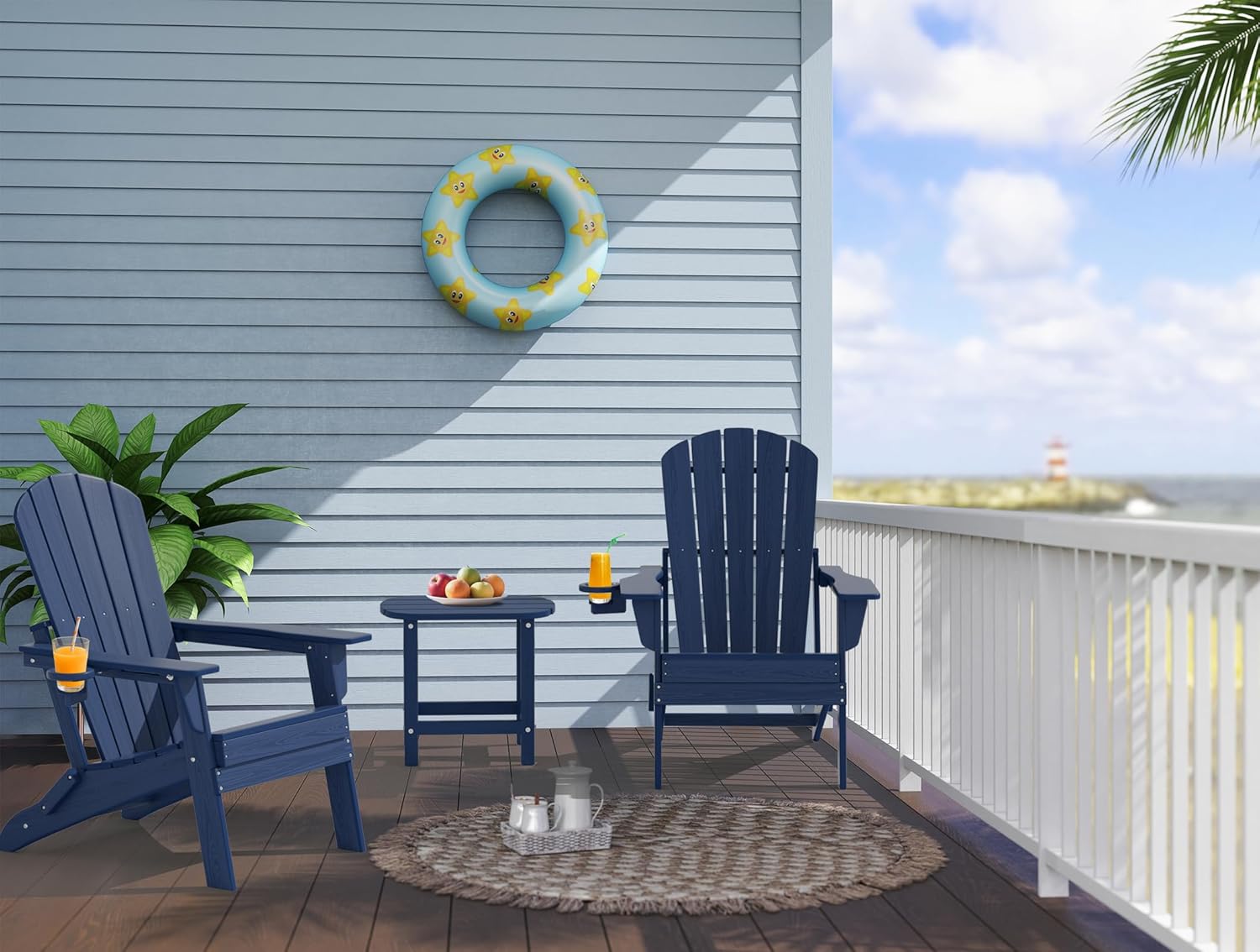 Upgraded Folding Adirondack Chair with All-Weather Cup Holder-EcoVida, Premium Wood Grain Texture, HDPE Waterproof, Suitable for Fire Pit, Patio, Porch, Navy