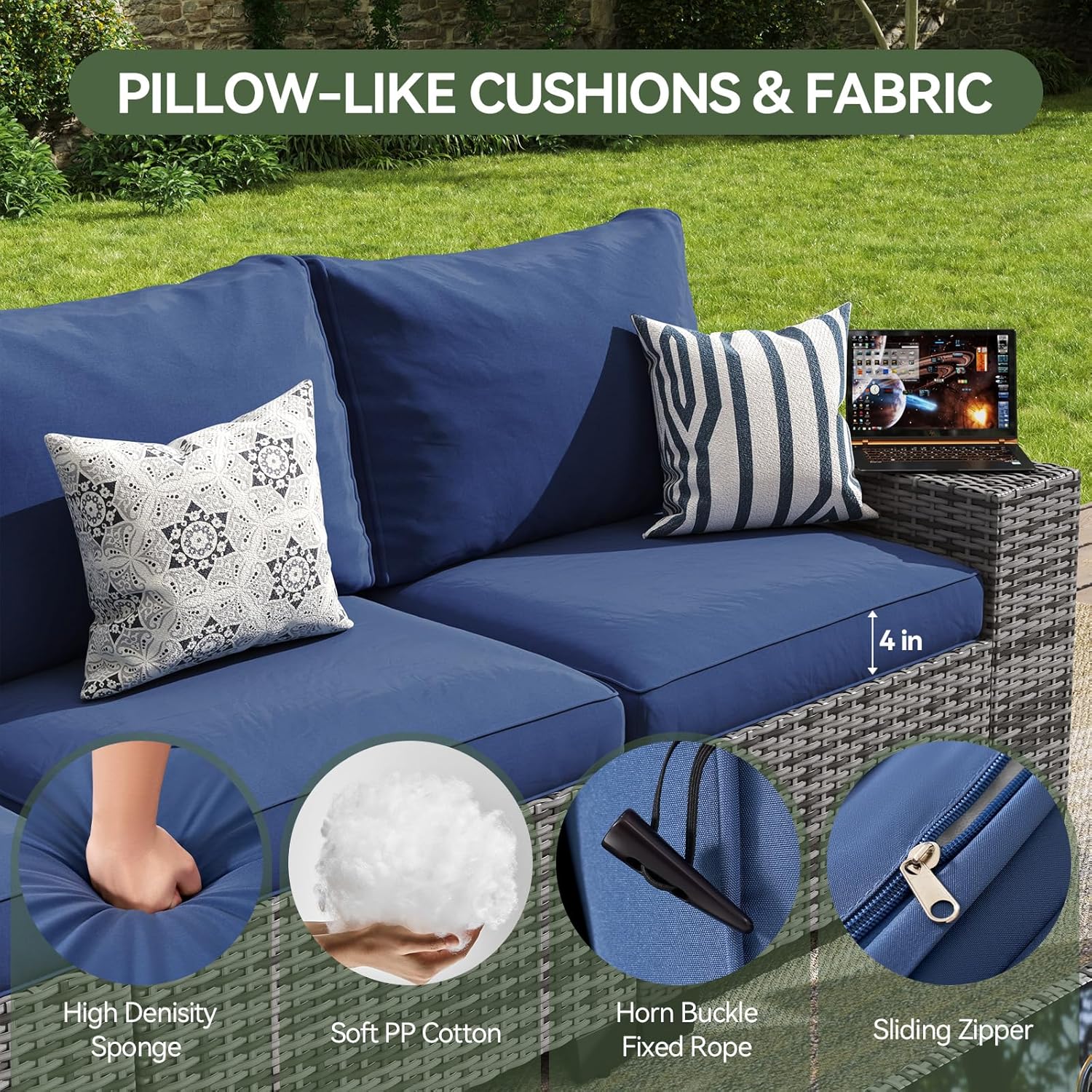 Aoxun Outdoor Patio Furniture Set with 44'' Fire Pit Table, 7 Pcs Outdoor Patio Furniture Sets with 4in Thicken Cushion, Widen Armrests Wicker Outdoor Sectional for Backyard (Waterproof Cover Include)