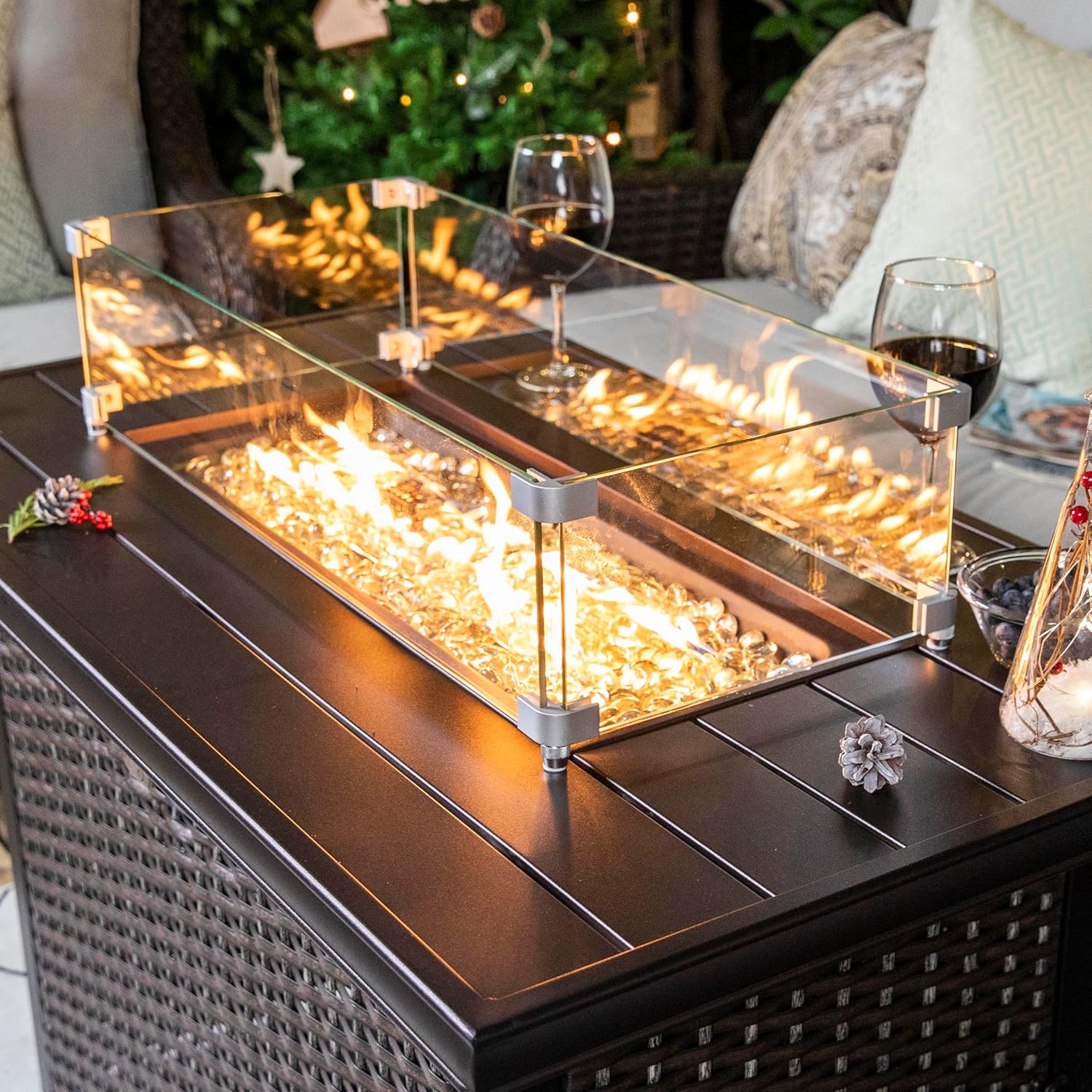 Nuu Garden Outdoor 43 Inch 50,000 BTU Propane Fire Pit Table, CSA Certified Patio Propane Fire Pit with Wind Guard, Lid, Oxford Cover, 7 lbs Glass Stone, Dark Brown