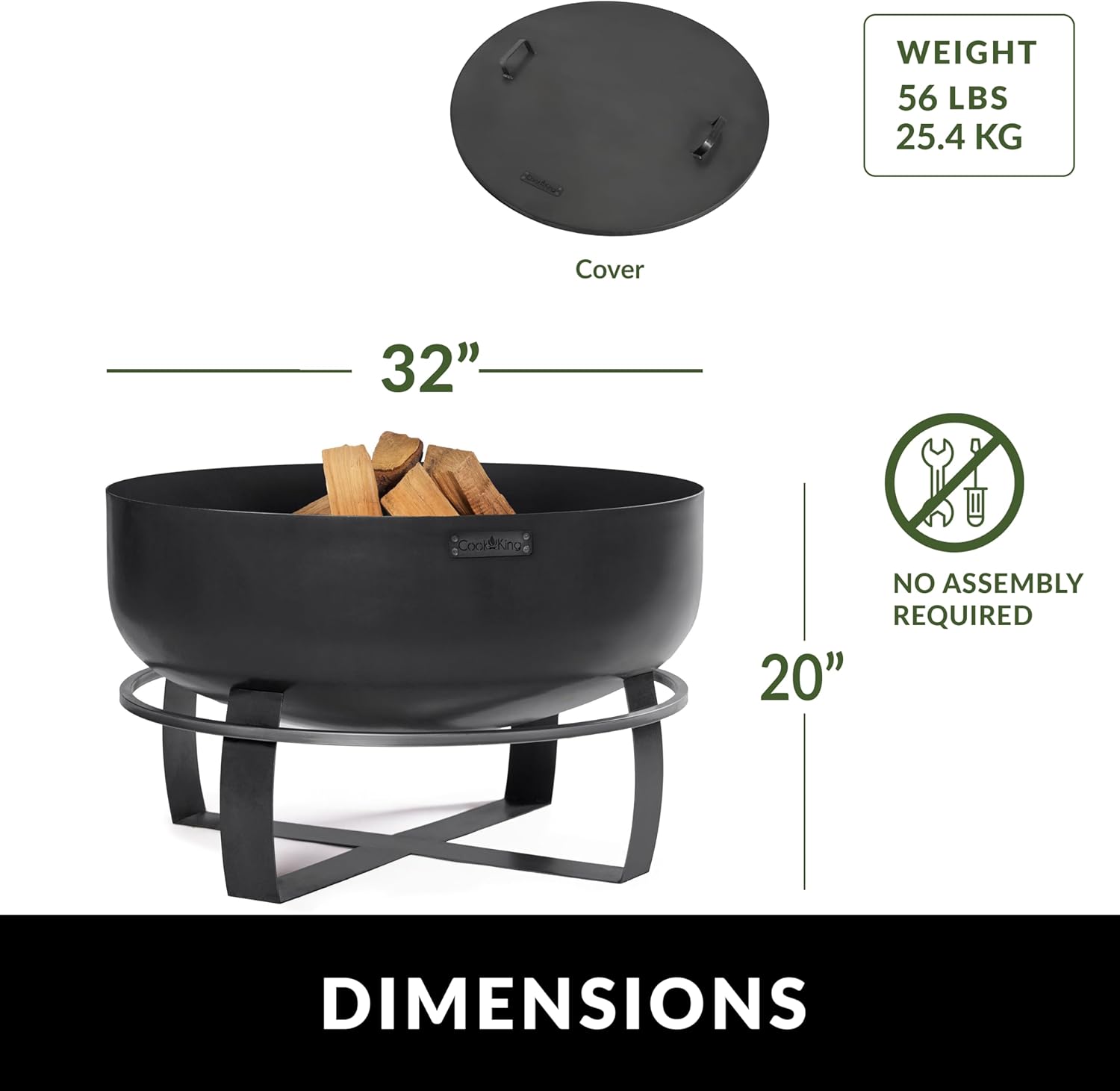 Ignition XXL Extra Large Handcrafted Fire Pit with Black Cover Lid and Wood Burning Fireplace for Backyard Bonfire Campfire for Outside, Extra Large Depth Outdoor 32