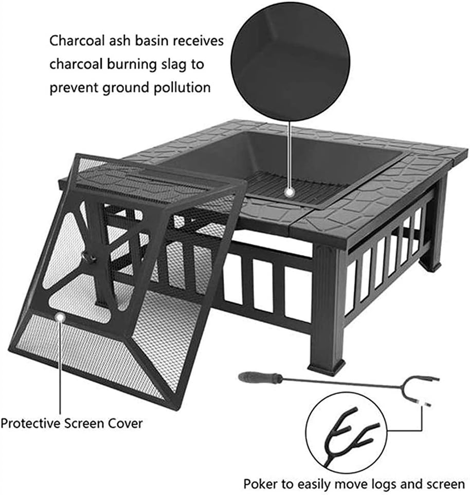 3 In1 Outdoor Fire Pits, 32-Inch Portable BBQ Firebowl, Patio Wood Burning Fire Pit with Fireplace Poker Waterproof Cover