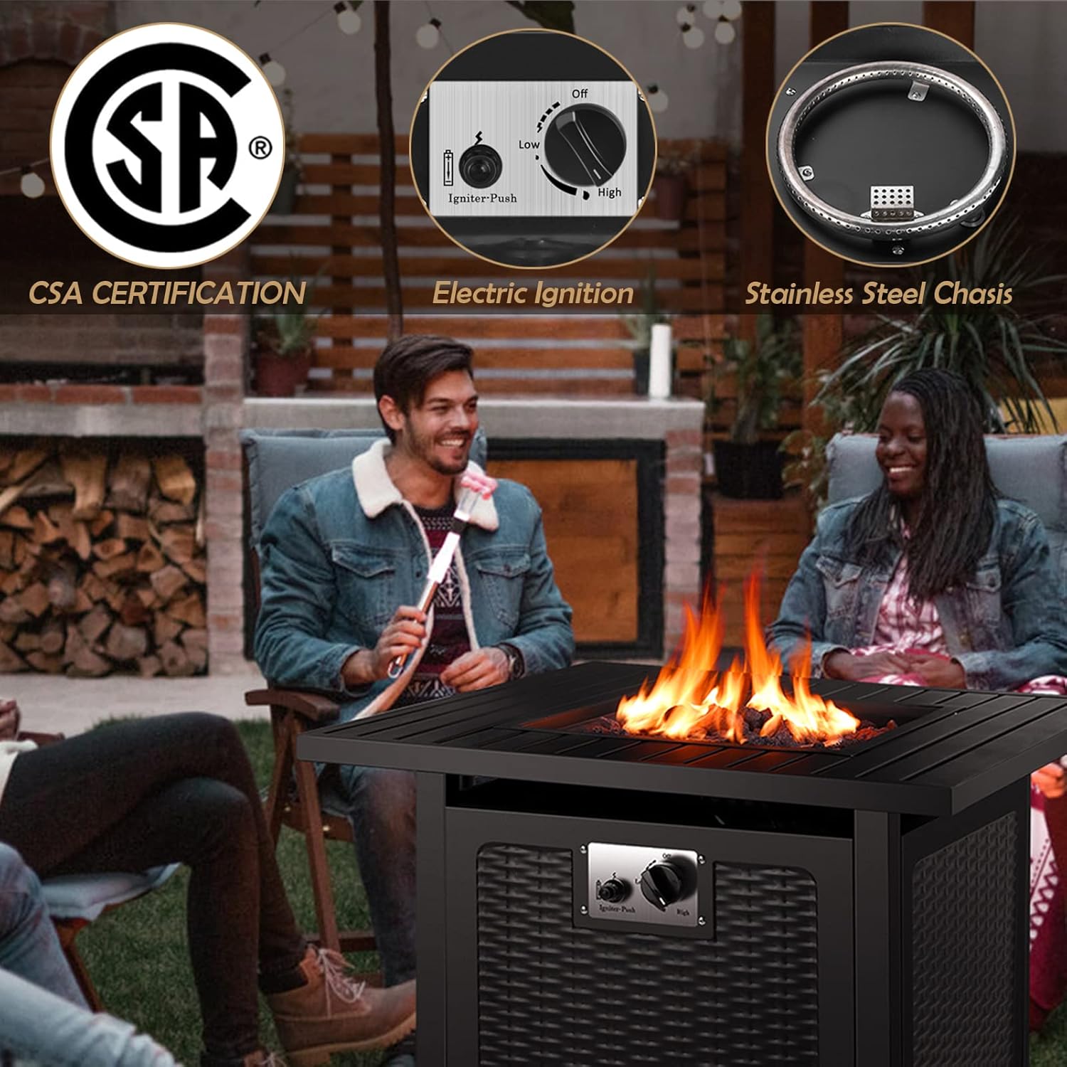 Gas Square Fire Bowl Propane Fire Pit Table - Outdoor Fireplace with Lid, Auto-Ignition, Waterproof Cover, Lava Rock - Perfect for Party, Garden, Patio, Yard