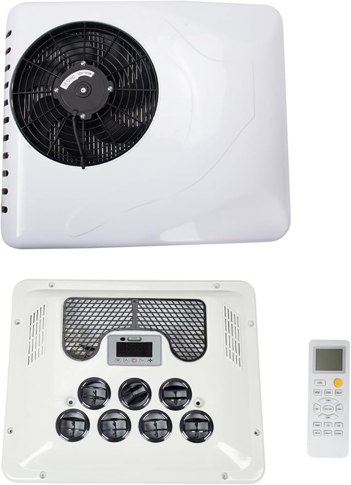 12V RV Air Conditioner, 15000 BTU Rooftop DC A/C Unit with Cooling & Heating, 3-Speed Fan, Digital Control Panel, Quiet & Energy-Saving Air Conditioner for Camper Van, Trailer, Motorhome, Bus, Truck
