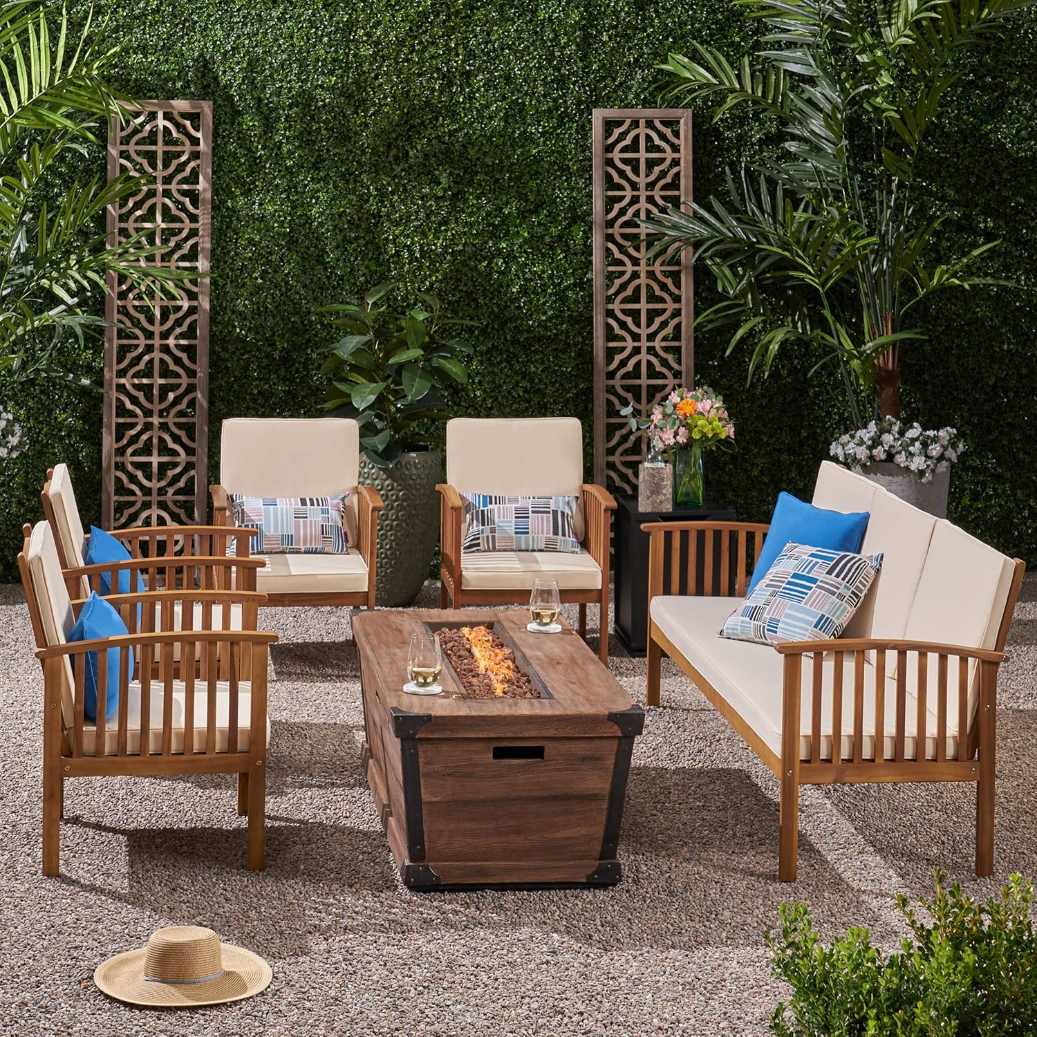 GDFStudio Marjory Outdoor 5 Piece Acacia Wood Conversational Set with Cushions and Fire Pit, Teak with Cream and Brown