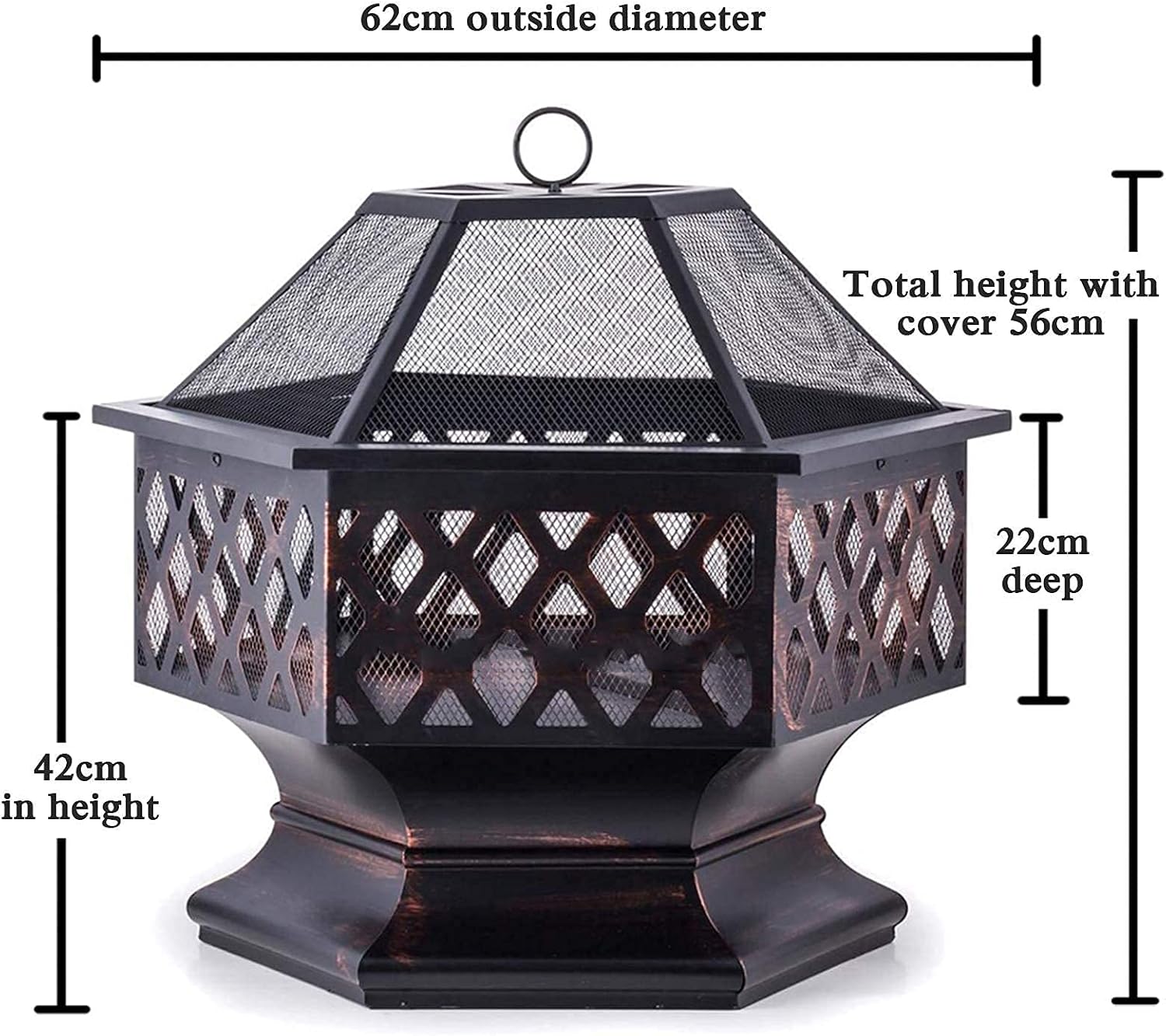 Hexagon Steel Fire Pit with BBQ Grill Shelf, Outdoor Metal Brazier Heater with Poker and Spark Screen, Bonfire Firebowl for Outside Camping Patio Garden Backyard Picnic