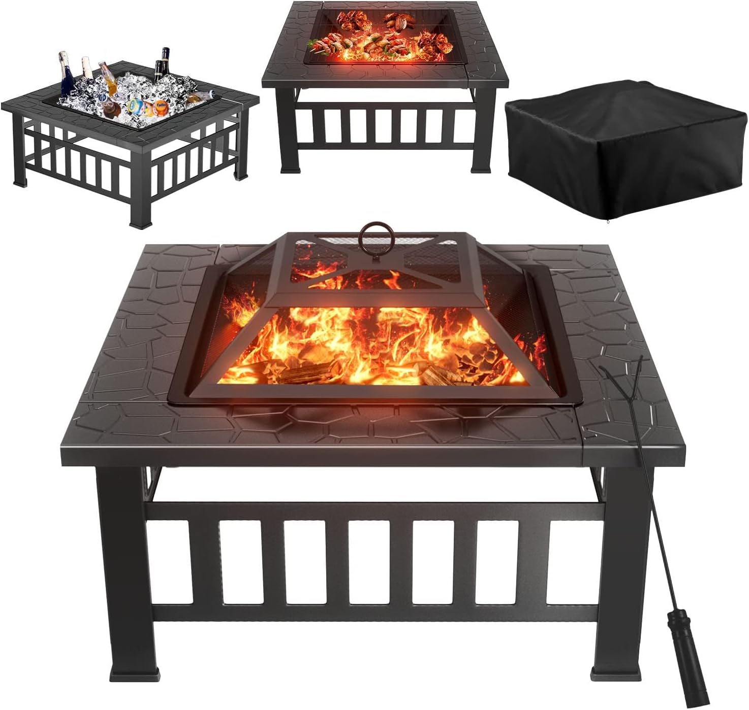 Greesum Multifunctional Patio Fire Pit Table, 32in Square Metal BBQ Firepit Stove Backyard Garden Fireplace with Spark Screen Lid and Rain Cover for Camping, Outdoor Heating, Bonfire, Dark Black