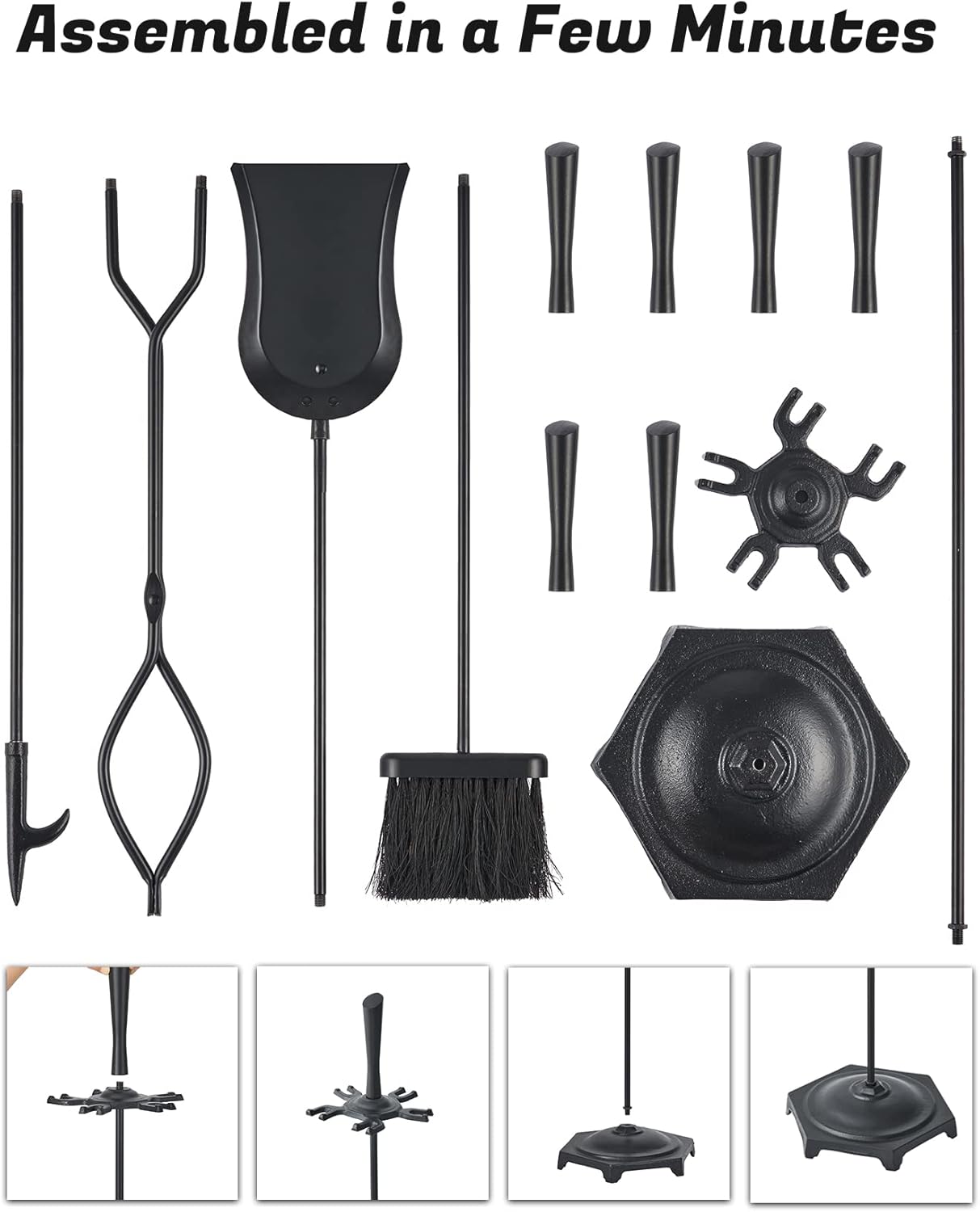 Lichamp Fireplace Tools Set, 5-Pieces Indoor Outdoor Sturdy Fire Place Poker Sets with Modern Handle, FTS15BK