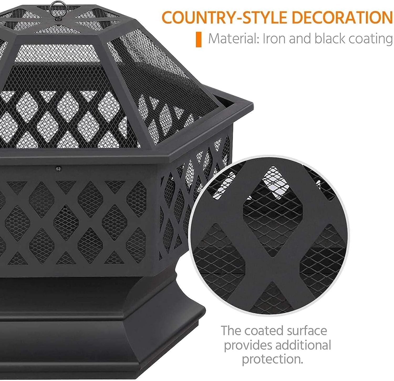 Hexagon Steel Fire Pit with BBQ Grill Shelf, Outdoor Metal Brazier Heater with Poker and Spark Screen, Bonfire Firebowl for Outside Camping Patio Garden Backyard Picnic