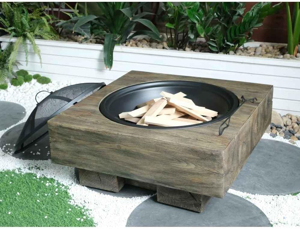 Wood-Fueled Outdoor Fire Pit with Realistic Wood Grain Finish for Patios, Backyards, and Gardens