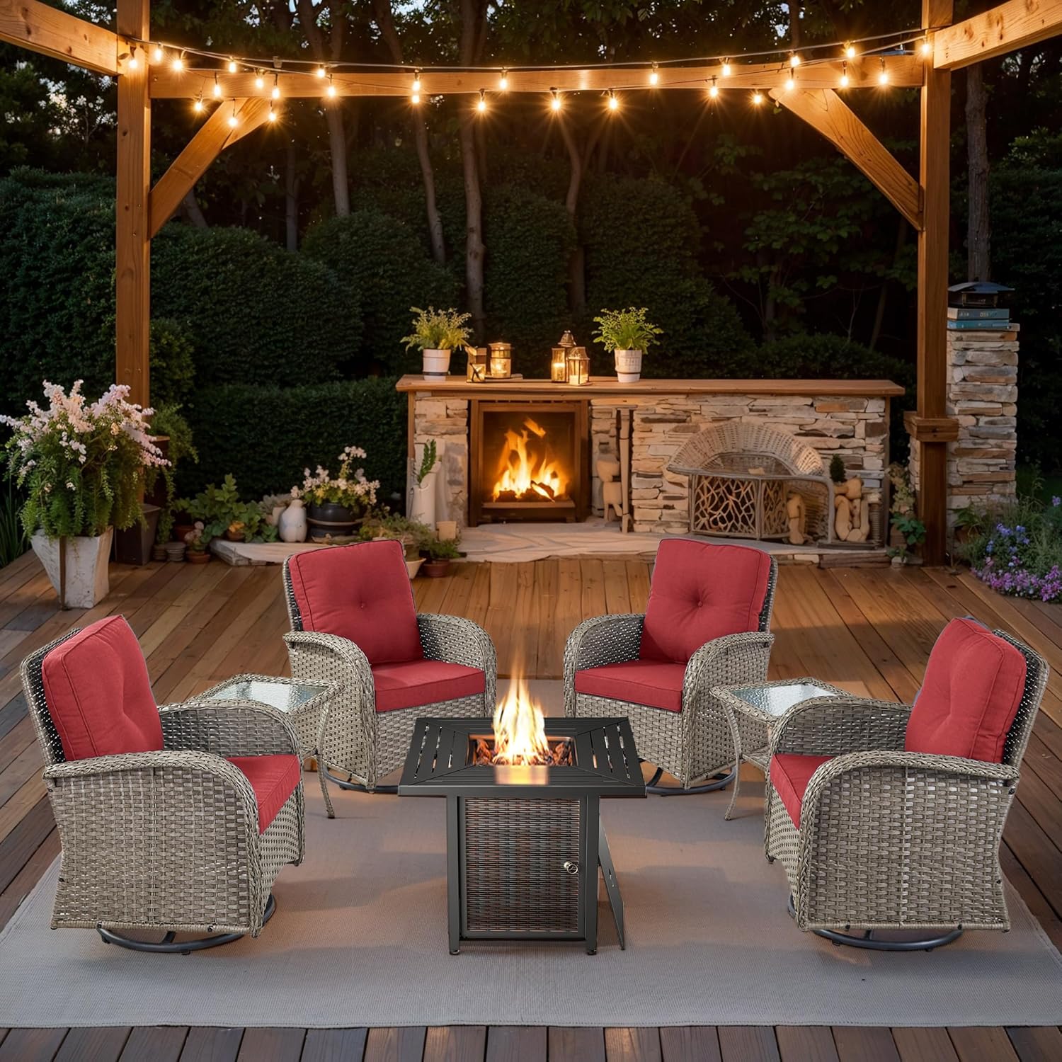 7 Piece Patio Furniture Set with Fire Pit Table - Wicker Patio Conversation Set with 4 Swivel Glider Chairs and 2 Tempered Glass Side Tables for Deck Backyard - Grey Wicker Red Cushion