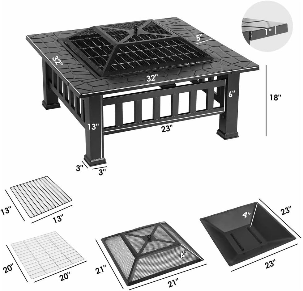 32inch Iron Large Fire Pits Cast Iron Firepit Modern Stylish BBQ Burn Pit Outdoor for Garden Patio Terrace Camping Stand Stove, black