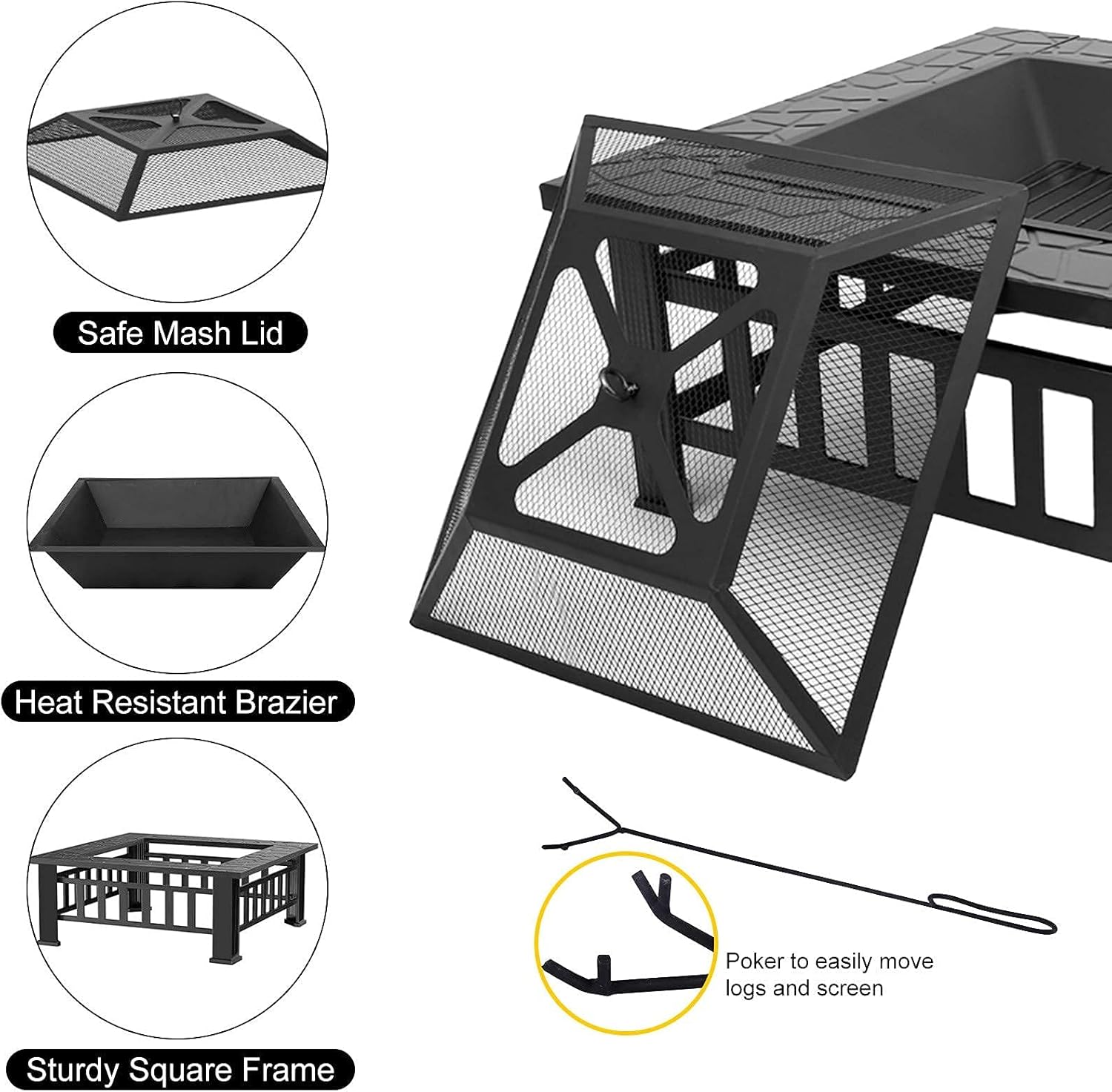 Outdoor Fire Pits with Uprights Rotisserie, Square Firebowls with Grill, 3 in 1 Party BBQ Fire Pit Table/Heaters for Patio Camping Bonfire, with Mesh Cover
