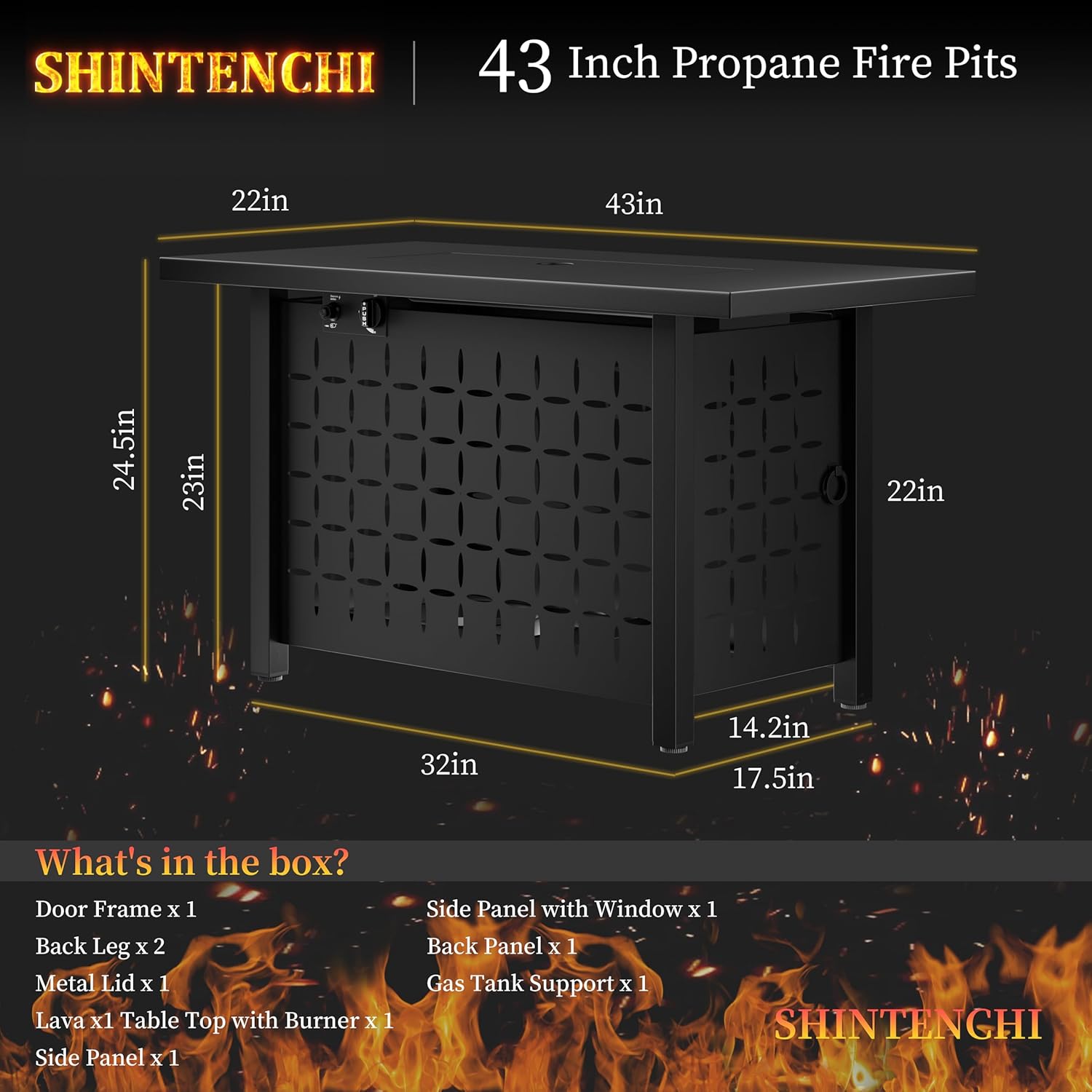 Shintenchi 43 Inch Outdoor Propane Fire Pit, 50,000 BTU Outdoor Fire Table, CSA-Certified Steel Propane Fire Pit with Lid and Lava Rock for Garden, Yard, Camping, Pool Use, Black