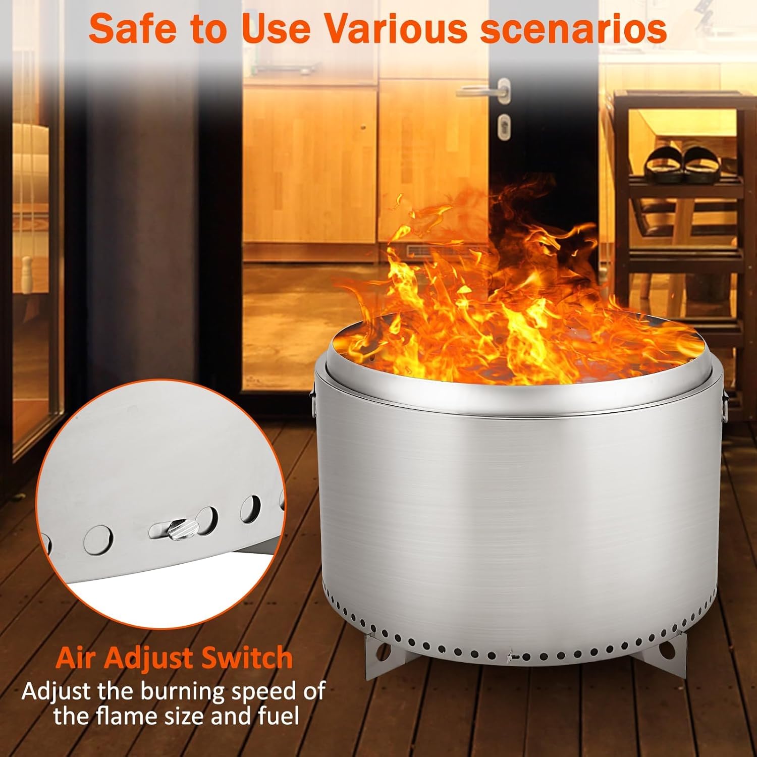 27 Inch Smokeless Fire Pit with Air Switch, Portable Outdoor Stainless Steel Firepit with Removable Ash Pan, Wood Burning Stove for Outside Camping Backyard Patio Bonfire, 360° Wide Warm, Silver