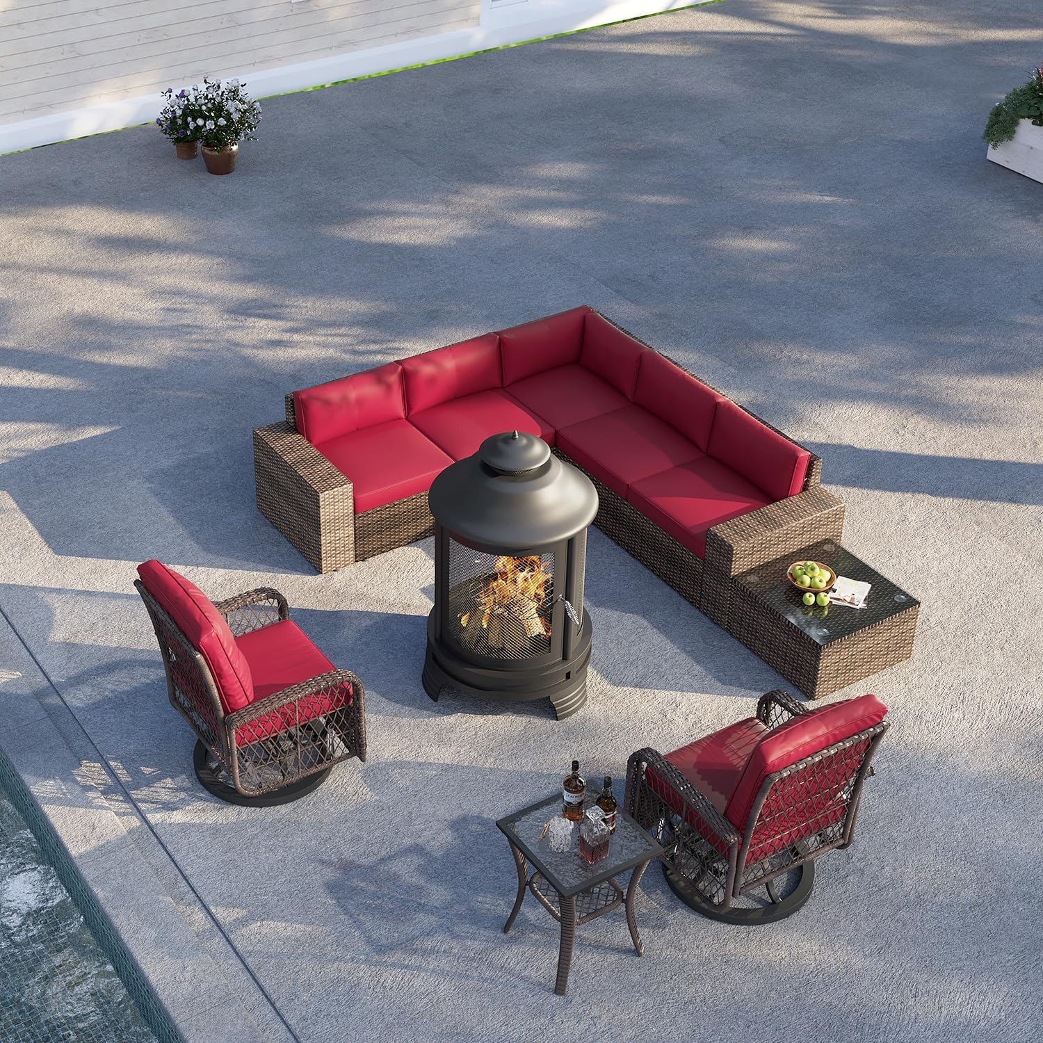 oneinmil 10-Piece Outdoor Furniture Set, with Large Fire Pit Chiminea and Swivel Rocking Chair, Wicker Rattan Sectional Conversation Set, and Coffee Table