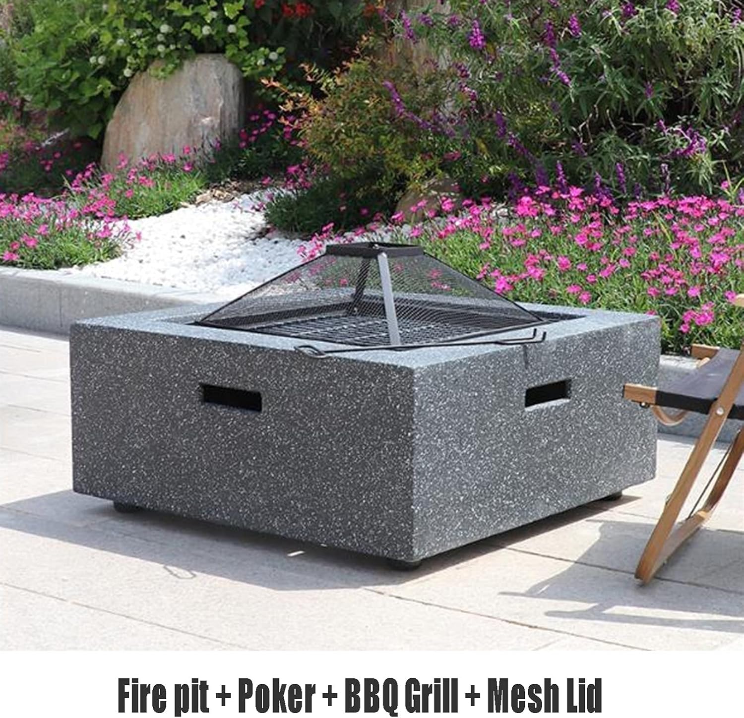 Outdoor Fire Pit Garden Wood-Burning Fire Pit Grill Table Set,Backyard Patio Fireplace Fire Bowl, with Sparkle Screen Cover and Poker
