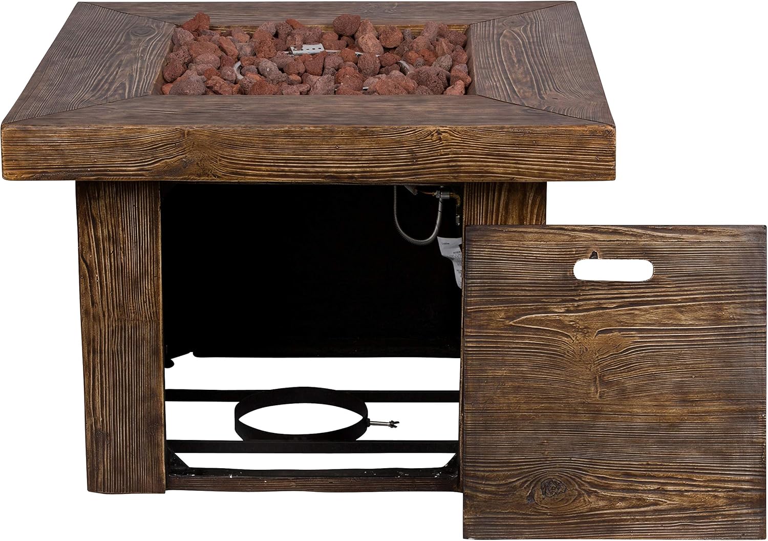 Shine Company Merida 34.5 in Square 50,000 BTU Outdoor Glass Reinforced Concrete Propane Gas Fire Pit Table w/GFRC Tabletop, Stainless Steel Burner, Lava Rocks, Natural Wood Look -Brown