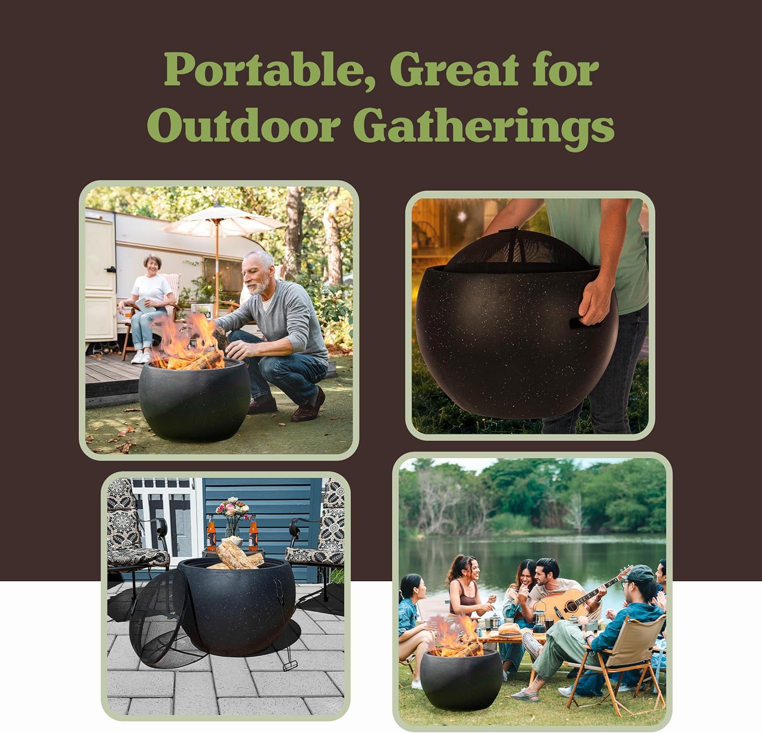 Outdoor Fire Pit - 24” Round Faux Concrete Firepit - Wood Burning Fire Pit with Poker, Screen, Cover - Wood Fire Pits for Outside Patio by Pure Garden