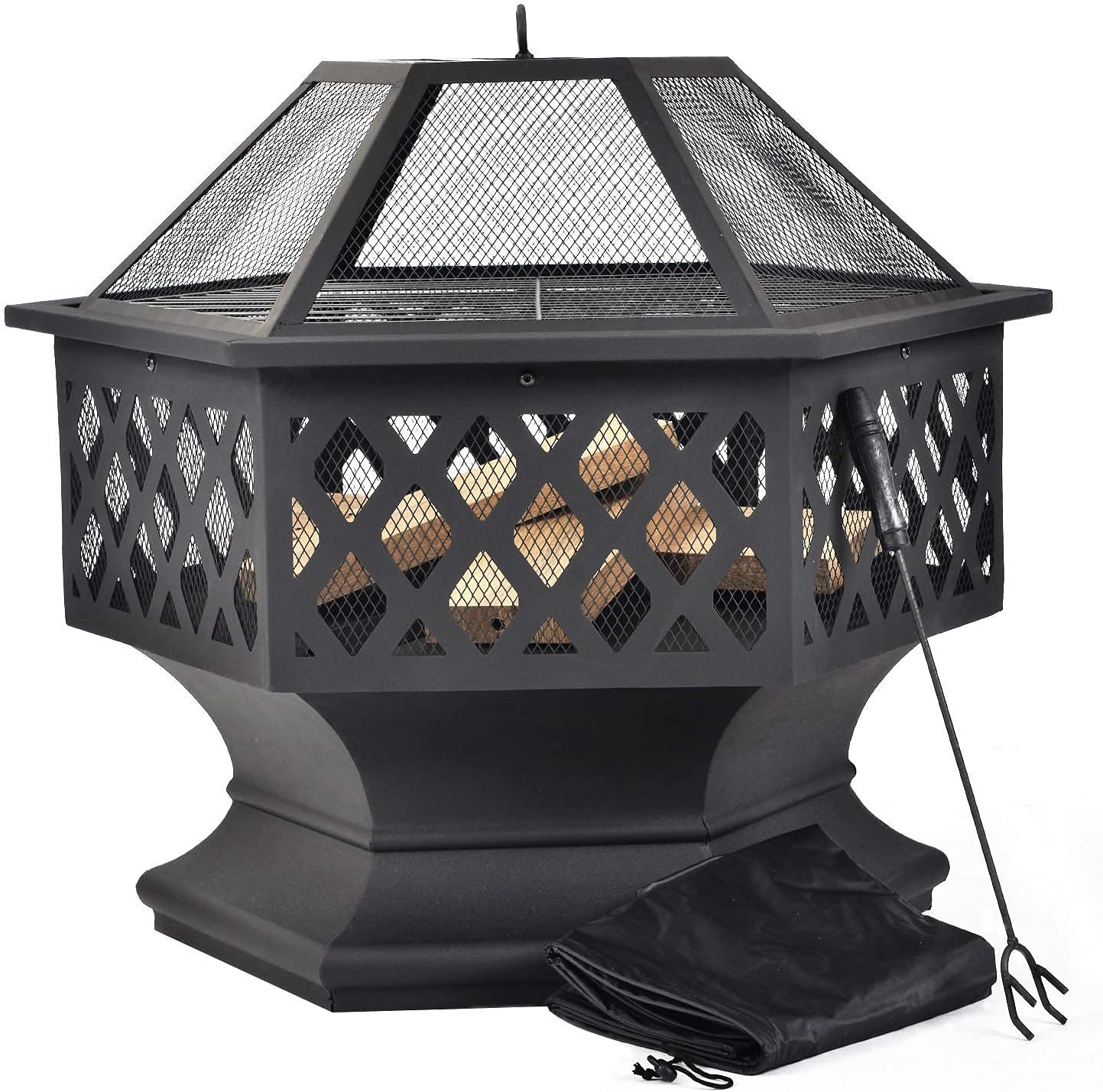 Iron Fire Pits with Poker for Garden,Hexagonal Shaped Metal Fire Pit Garden Stove with Spark Screen and Fireplace Cover for Outdoor Patio Backyard Camping Poolside