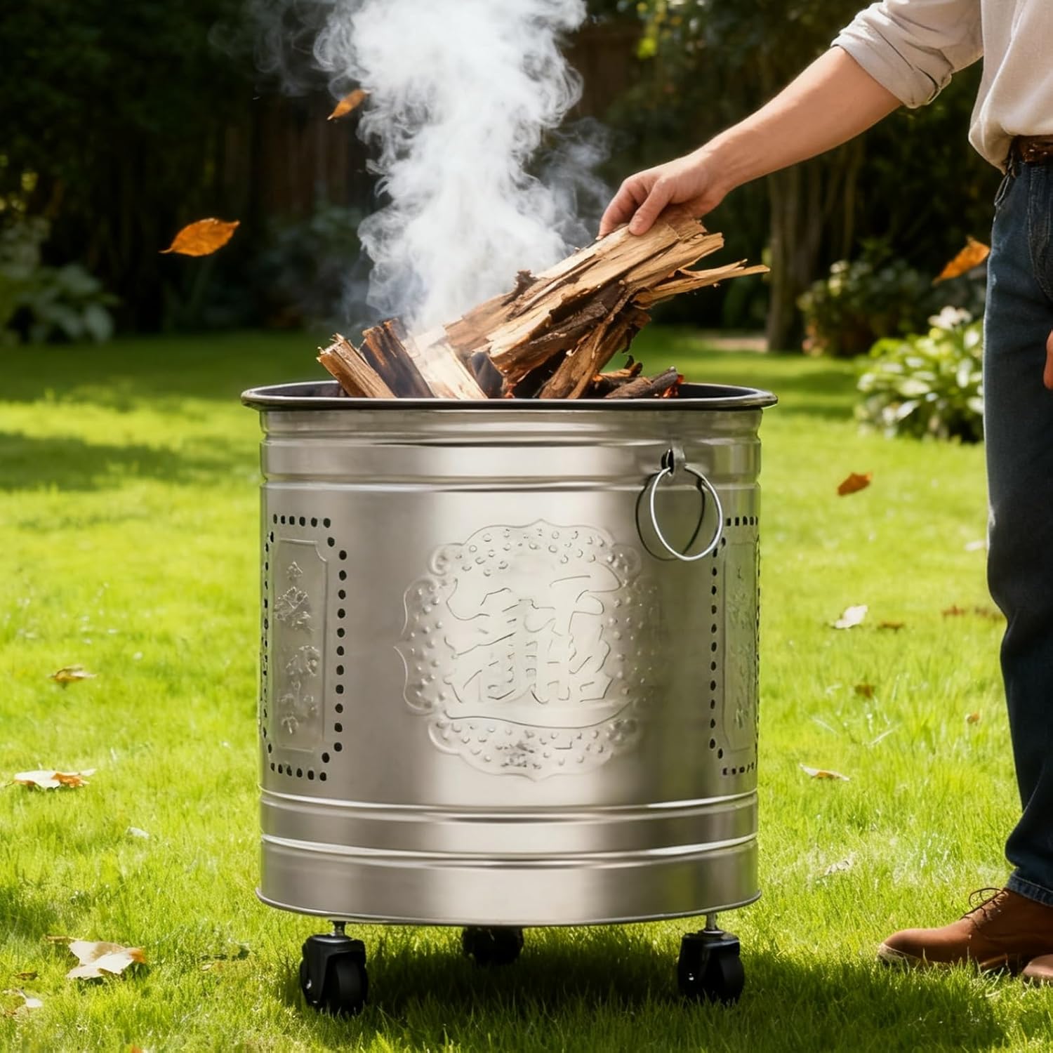 Incinerator, Burn Barrel, Outdoor Fire Pit, Burn Cage, Including Tripod, Inner Liner, for Wood, Garden, Backyard, Farm,Bonfire(Silver,48cm/19in)