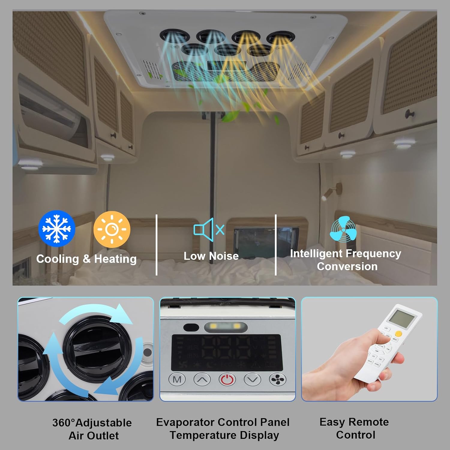 12V RV Air Conditioner, 15000 BTU Rooftop DC A/C Unit with Cooling & Heating, 3-Speed Fan, Digital Control Panel, Quiet & Energy-Saving Air Conditioner for Camper Van, Trailer, Motorhome, Bus, Truck