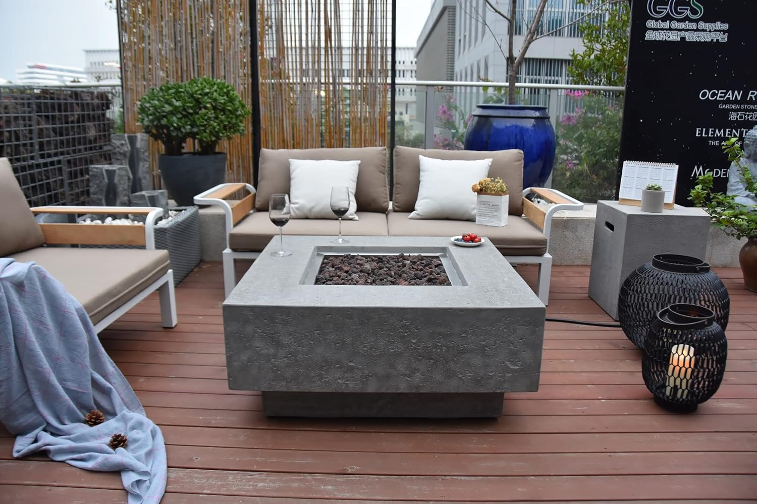 Elementi Manhattan Bundle Outdoor Firepit Set Includes 36” Propane Concrete Firepit Table, Glass Windscreen, Stainless Steel, Tank/Canvas Cover, Floor Mat, Ice Bucket