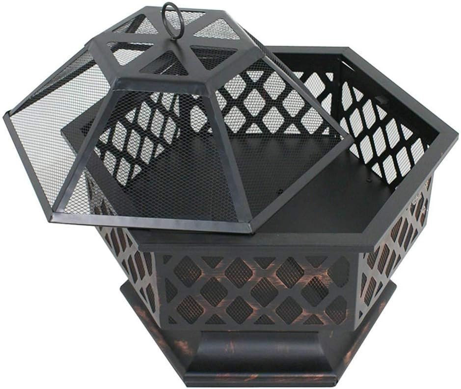 Portable Metal Fire Pit Hexagon Design Fireplace Stove,with Mesh Screen Cover Fireplace Stove Wood Burning,for Picnic Bonfire Patio