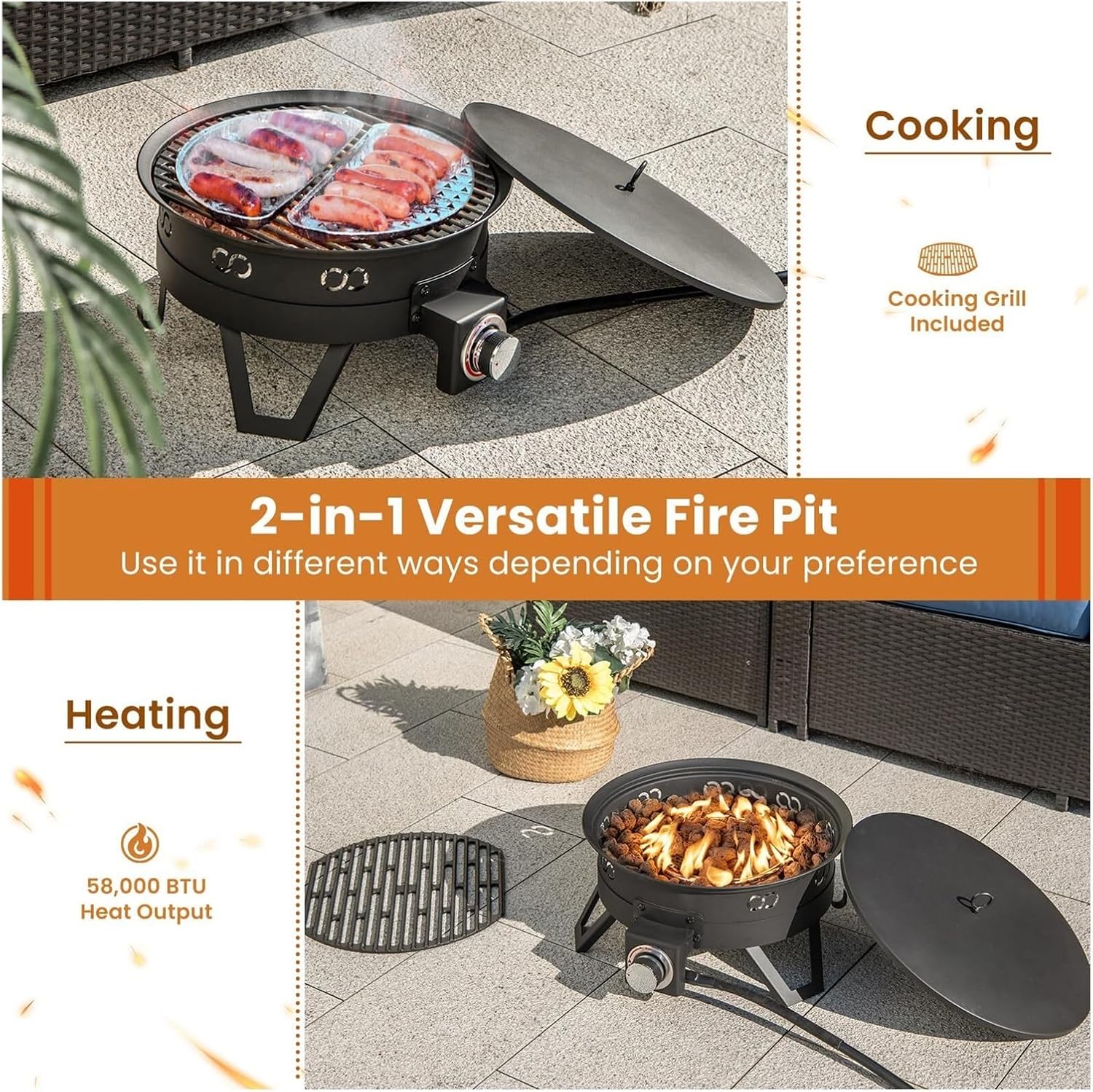 17 Inch Portable Propane Fire Pit for Camping or Backyard with Folding Legs Removable Grill Carrying Bag Lava Rocks Tank Seat Included Outdoor Tabletop Gas Fire Bowl for Patio Deck Travel BBQ