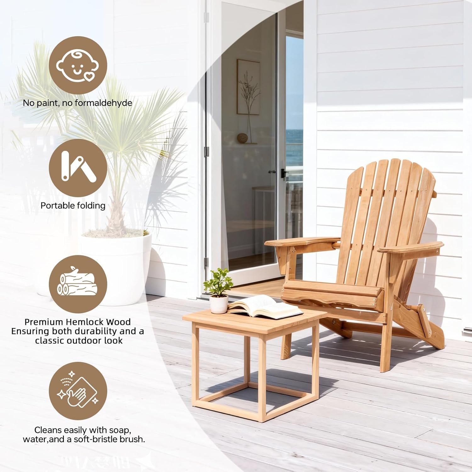 Folding Adirondack Chair Set of 2, Solid Wood All-Weather Fire Pit Chairs with Pre-Assembled Backrest & Seat Board for Deck Backyard Patio Outdoor, Light Brown