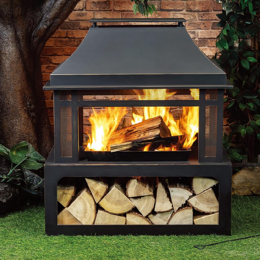Outdoor Wood Burning Fireplace with Wood Storage and Removable Fire Grill - 40 Inch Large Metal Wicker Base Fire Pit for Patio Garden Deck Backyard, Black