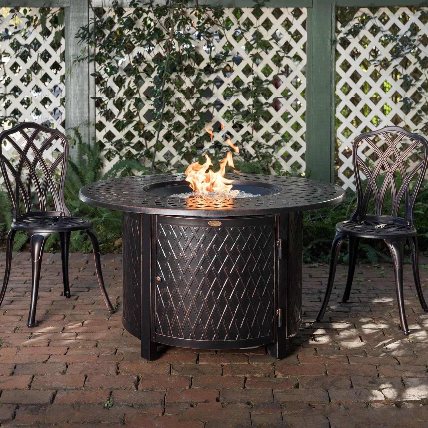 Verona Woven Aluminum Convertible Gas Fire Pit Table 55,000 BTU Multi-Functional Outdoor with Fire Bowl Lid, Nylon Weather Cover & Clear Fire Glass - Bronze Finish - Round - 44