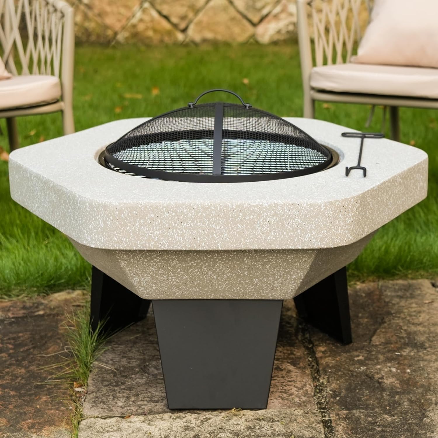 Wood Burning Concrete Outdoor Fire Pit,Heat Resistant MGO Ceramic Material Base with BBQ Grill Firepit for Patio Garden,Backyard Barbecue,Outdoor Gatherings (Grey 2)