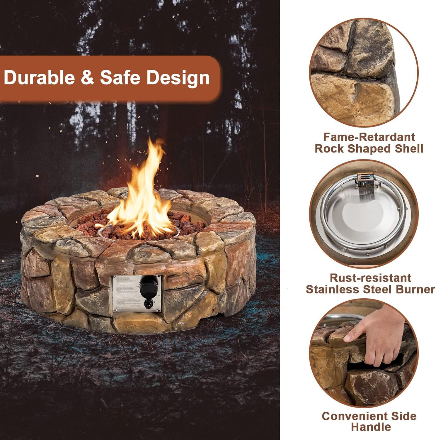 DORTALA Round Propane Outdoor Fire Pit, 28 Inch 40,000 BTU Stone Propane Fire Pit w/Lava Rocks, PVC Cover, ETL Certified, Smokeless Gas Fire Pits for Outside Patio Garden Camping Backyard (Brown)
