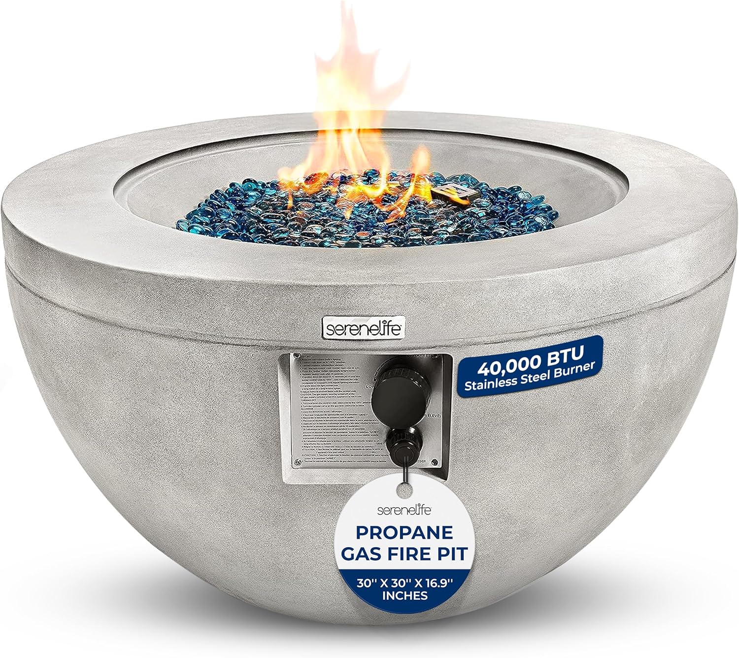 SereneLife 40,000 BTU Propane Fire Pit Table, Round Gas Fire Table with Adjustable Flame Height, Weather Resistant, Blue Glass Rocks, Safe and ETL Certified for Outdoor Use, 30