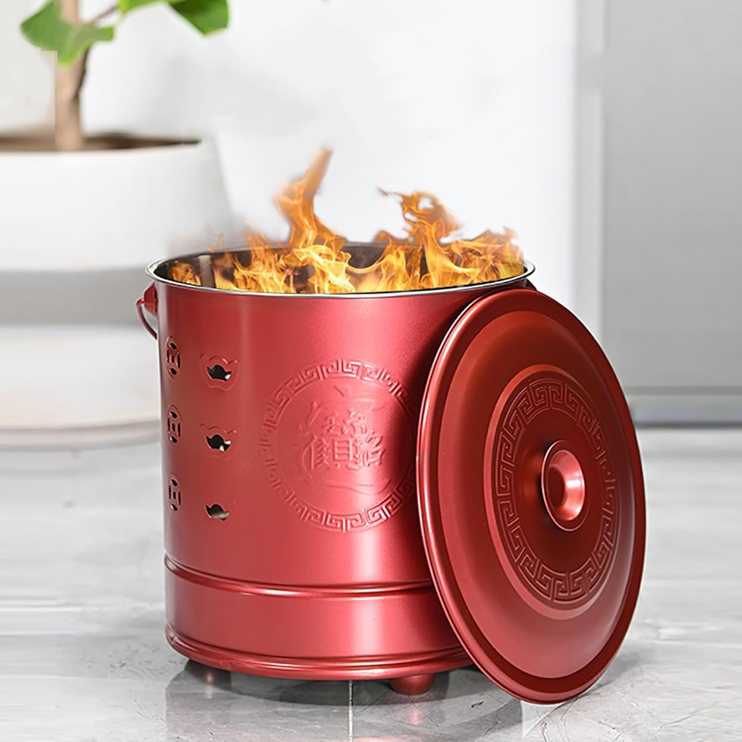 KAVERN Stainless Steel incinerator, fire Pit, Burn Barrel for Outside, with Lid and Handle, for Paper, Leaf, Trash(Small)(M)