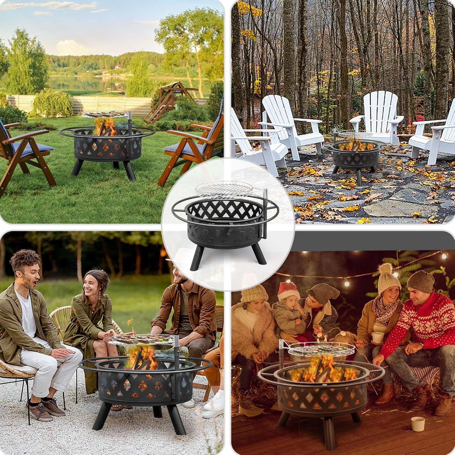 30” Outdoor Fire Pit Multifunctional Black Metal Wood Burning Firepit with Removable Swivel BBQ Grill, Ash Plate,Poker for Backyard Bonfire Patio Camping
