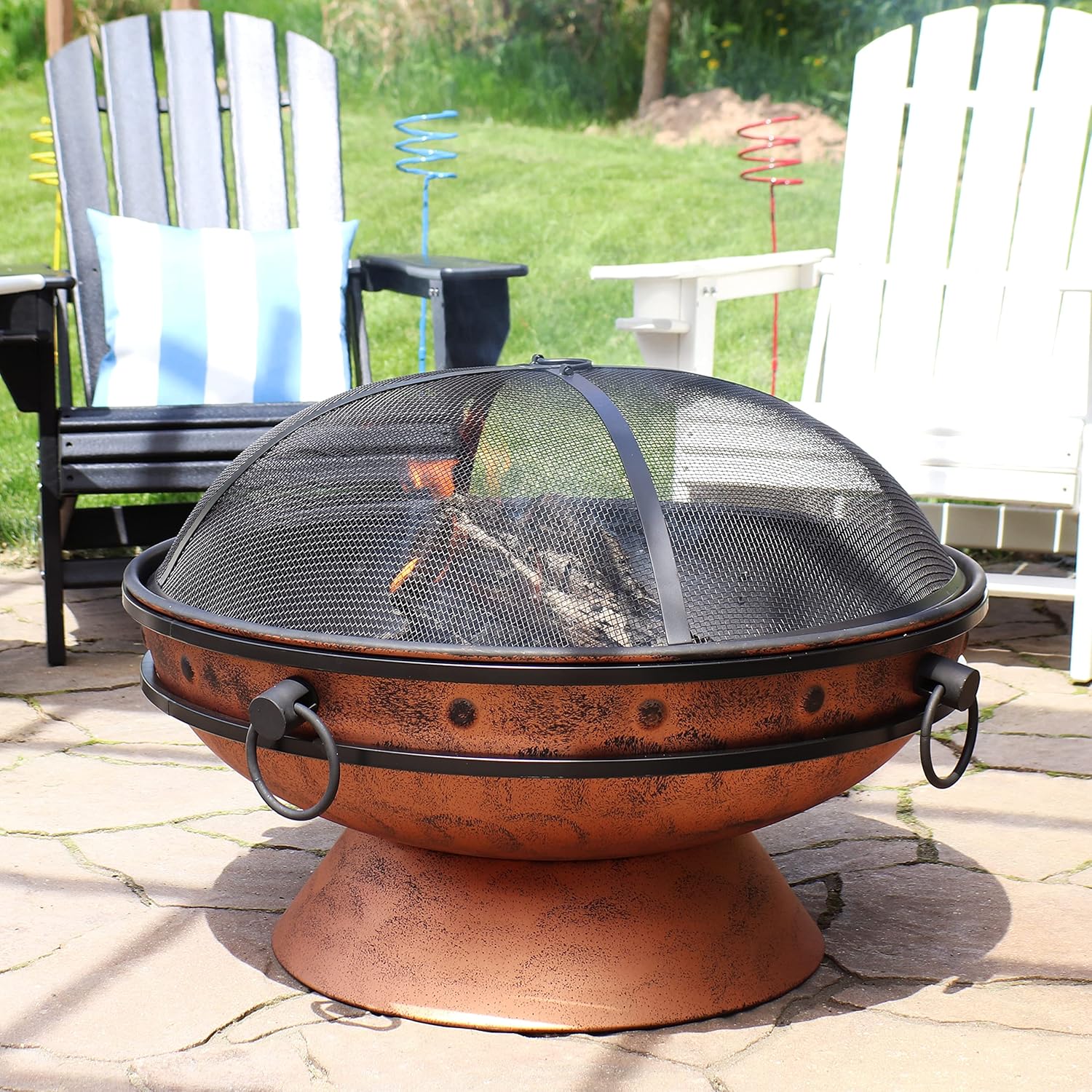 Sunnydaze 30-Inch Large Outdoor Fire Pit - Wood Burning Fire Pit for Outside with Poker and Screen - Copper Finish - Royal Cauldron
